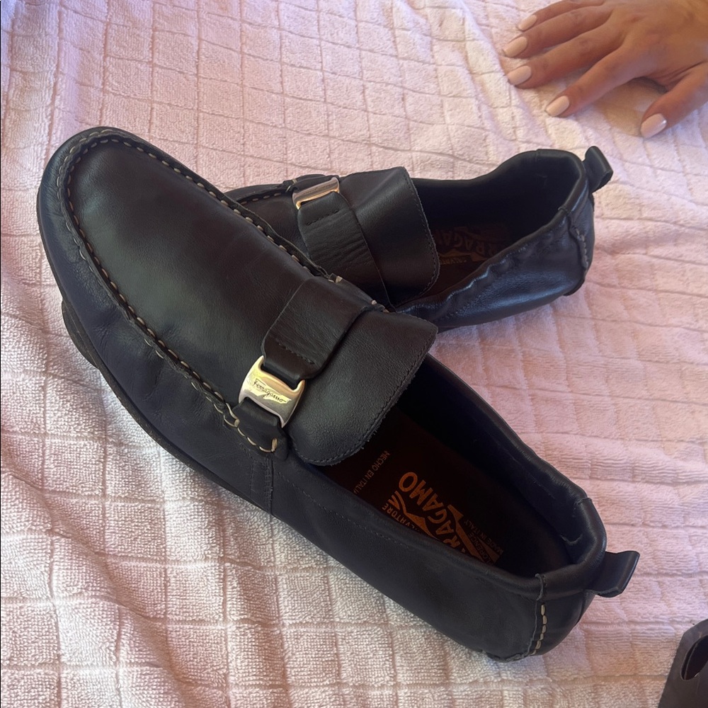 Salvatore Ferragamo Black Leather Slip-On Loafers